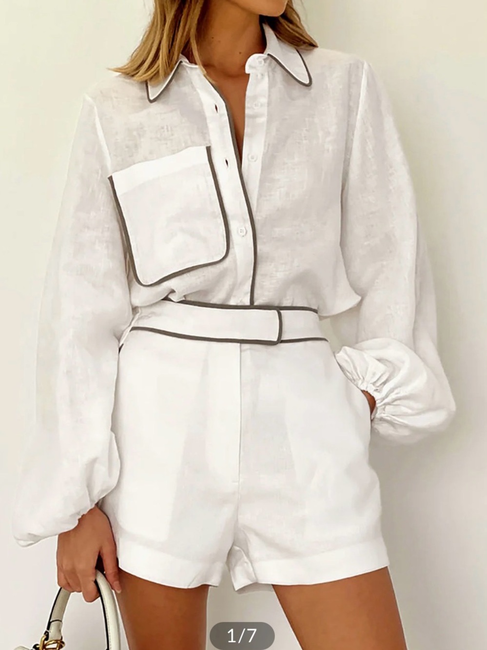 Commense White cotton and Linen Two-Piece short Set with Contrast Piping XS